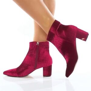 Kurt Geiger Red Velvet Ankle Booties with Block Heel